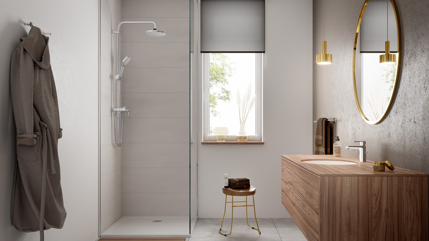 Łazienka japandi z walk-in i drewnem fot. Hansgrohe
