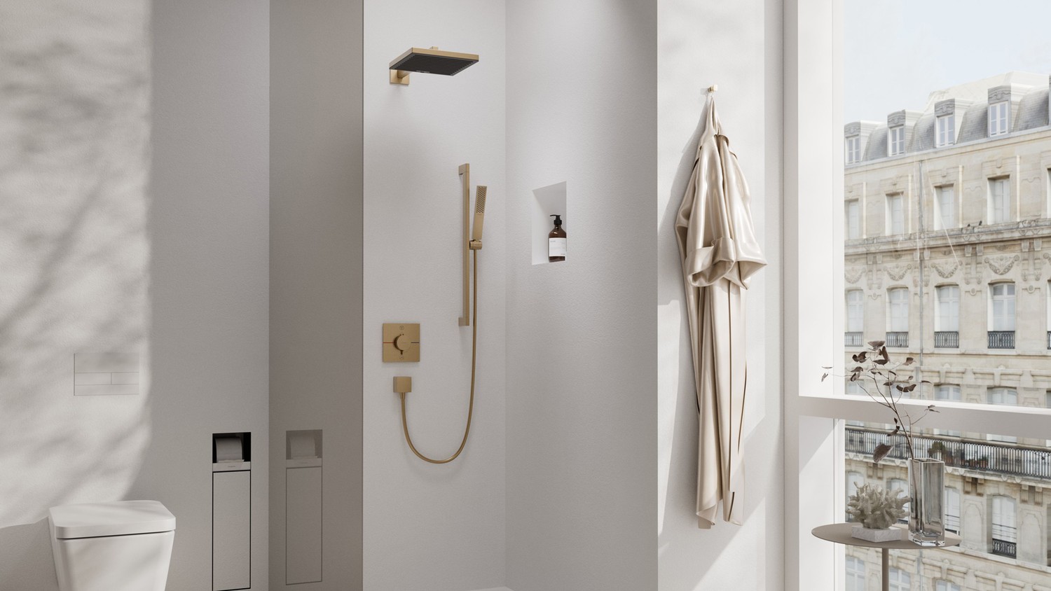 Minimalistyczna łazienka z beżową deszczownicą fot. Hansgrohe