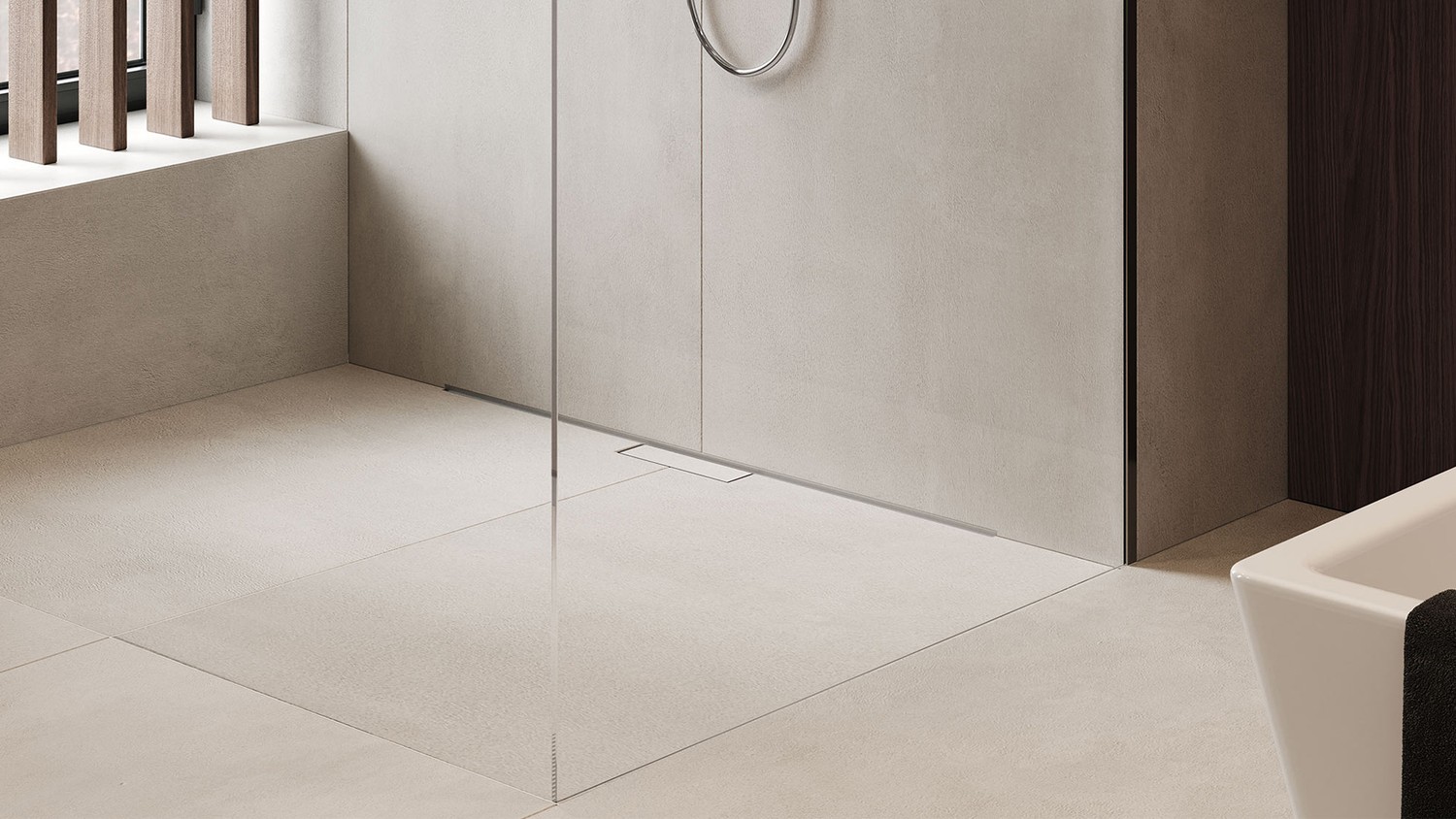 Beżowa łazienka walk-in z odpływem liniowym fot. Hansgrohe