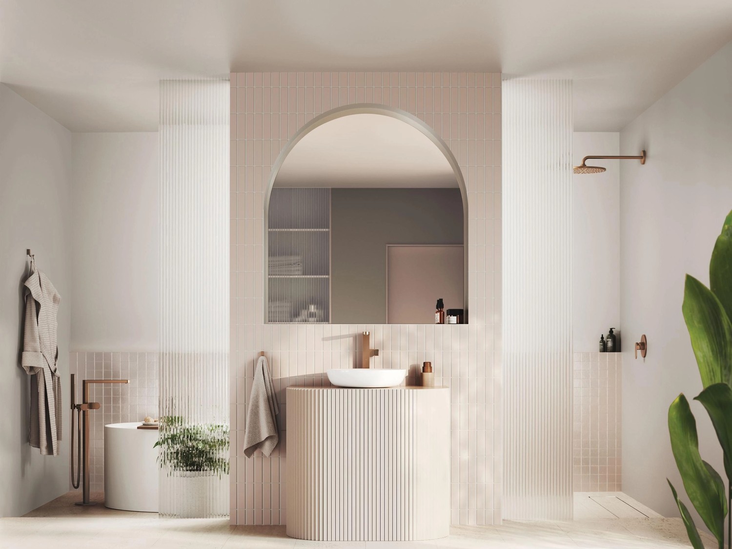 Minimalistyczna łazienka z wanną i prysznicem fot. Grohe