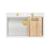Quadron Marc 110 FM Zestaw zlewozmywak granitowy jednokomorowy 75x49 cm + syfon + dozownik + deska biały/złoty HQM7650U1_FM_PVDG1