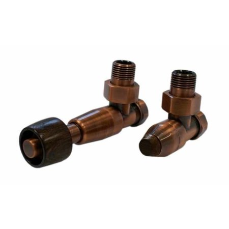 Schlosser Prestige zestaw termostatyczny kątowy ½ x M22x1,5 Antyczna miedź Głowica z drewnianym pokrętłem walcowym GW M22x1,5 - 16x2 PEX 604500116