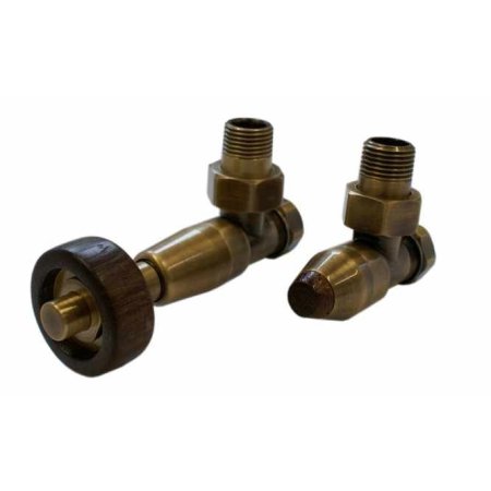 Schlosser Prestige zestaw termostatyczny kątowy ½ x M22x1,5 Antyczny mosiądz Głowica z drewnianym pokrętłem stożkowym GW M22x1,5 x GW 1/2 Stal 604500120