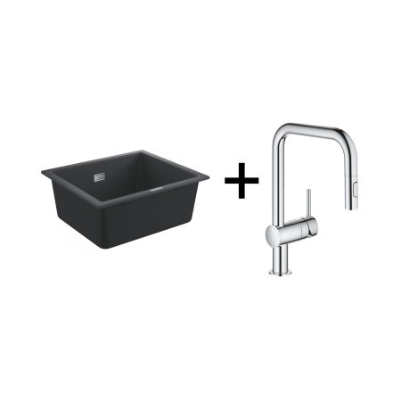 Grohe K700 Zestaw Zlewozmywak kompozytowy jednokomorowy bez ociekacza 45,7x53,3 cm czarny granit + Grohe Minta Bateria kuchenna wysoka z wyciąganą wylewką chrom 31654AP0 + 32322002