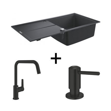 Grohe Zestaw K400 Zlewozmywak kompozytowy jednokomorowy z ociekaczem 50x100 cm czarny granit  + Grohe Start Bateria kuchenna wysoka czarny mat + Grohe Contemporary Dozownik czarny matowy 31641AP0 + 304702430 + 1021652430