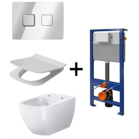 Cersanit Set B141 Toaleta WC podwieszana CleanOn z deską wolnoopadającą, stelażem i przyciskiem Accento Square, chrom połysk/biały K701-267