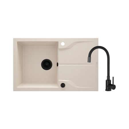 Deante Andante Zestaw Zlewozmywak granitowy jednokomorowy 78x49 cm beż + bateria kuchenna czarny mat ZQNN5113