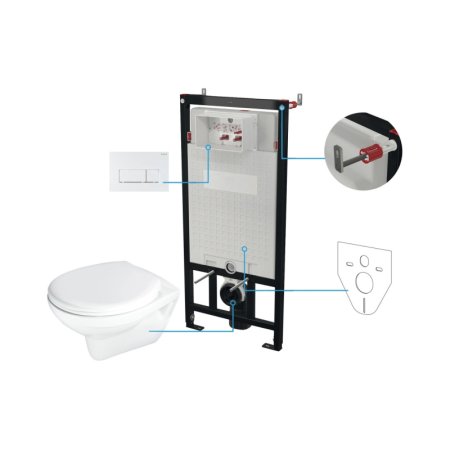 Deante Boro Zestaw Toaleta WC bez kołnierza biała + deska wolnoopadająca + stelaż WC + przycisk WC biały mat + mata + wsporniki CMOA6SPW