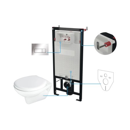 Deante Boro Zestaw Toaleta WC bez kołnierza biała + deska wolnoopadająca + stelaż WC + przycisk WC chrom połysk + mata + wsporniki CMOS6SPW