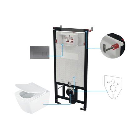 Deante Hiacynt New Zestaw Toaleta WC bez kołnierza krótka biała + deska wolnoopadająca + stelaż WC + przycisk WC titanium mat + mata + wsporniki CDYT6ZPW