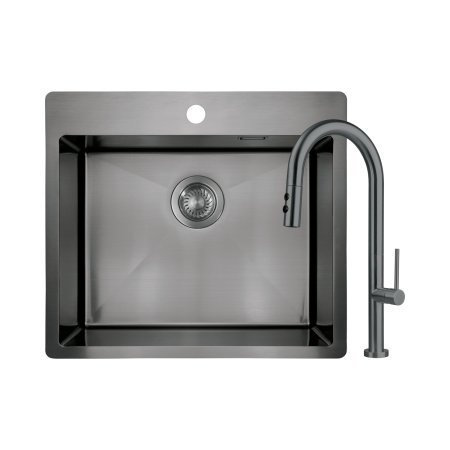 Deante Olfato Precious Zestaw Zlewozmywak stalowy jednokomorowy 55x50,5 cm + bateria kuchenna z wyciąganą wylewką titanium ZPOAD10B
