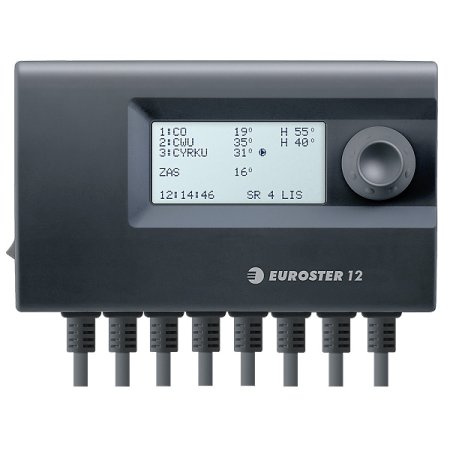 Euroster E12 Sterownik do instalacji grzewczej 3 urządzenia 15x5,2x9 cm, czarny E12