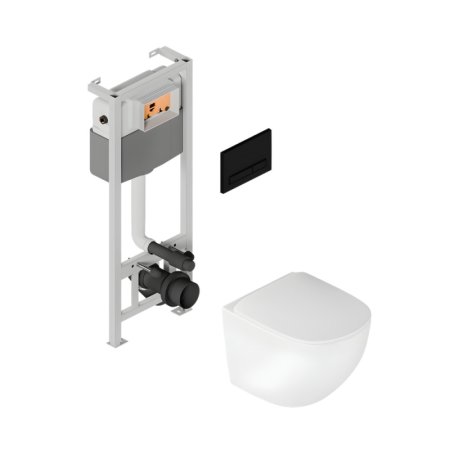 Excellent Zestaw Toaleta WC Luqa Spin 360 bez kołnierza kr&oacute;tka biała + deska wolnoopadajaca + stelaż Flaro + przycisk Tivo czarny mat ZEPR.0024