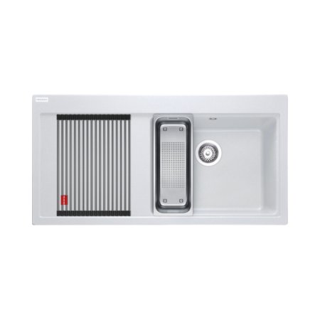 Franke Mythos MTG 611-100 Zestaw Zlewozmywak granitowy jednokomorowy 100x51,5 cm prawy + wkładka ociekowa + rollmata biały polarny 114.0743.106