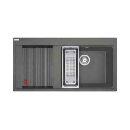 Franke Mythos MTG 611-100 Zestaw Zlewozmywak granitowy jednokomorowy 100x51,5 cm prawy + wkładka ociekowa + rollmata kamienny szary 114.0743.107