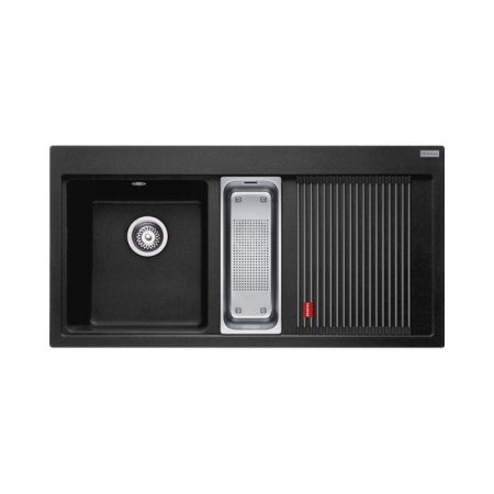 Franke Mythos MTG 651-100 Zestaw Zlewozmywak granitowy półtorakomorowy 100x51,5 cm lewy + wkładka ociekowa + rollmata onyx/stal szlachetna 114.0743.118