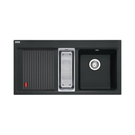 Franke Mythos MTG 651-100 Zestaw Zlewozmywak granitowy półtorakomorowy 100x51,5 cm prawy + wkładka ociekowa + rollmata onyx/stal szlachetna 114.0743.115