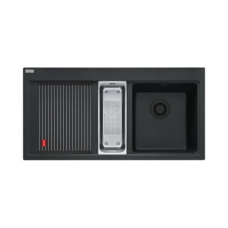Franke Mythos MTG 651-100 Zestaw Zlewozmywak granitowy półtorakomorowy 100x51,5 cm prawy + wkładka ociekowa + rollmata onyx/czarny mat 114.0743.116