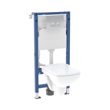 Geberit Duofix Basic Selnova Square Compact Zestaw Toaleta WC Rimfree bez kołnierza krótka biała + deska wolnoopadająca + stelaż WC + przycisk WC Delta35 chrom połysk 118.342.21.3