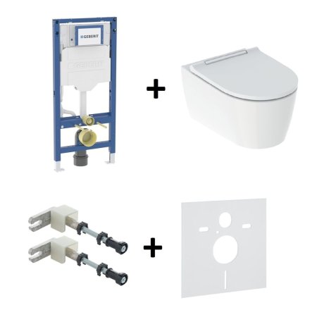 Geberit One Zestaw Toaleta WC 54x37 cm TurboFlush bez kołnierza spłukiwanie wirowe biały z powłoką Keratect/chrom połysk + deska wolnoopadająca + stelaż WC Duofix + wsporniki + mata 500.202.01.1+111.320.00.6+111.815.00.1+156.050.00.1