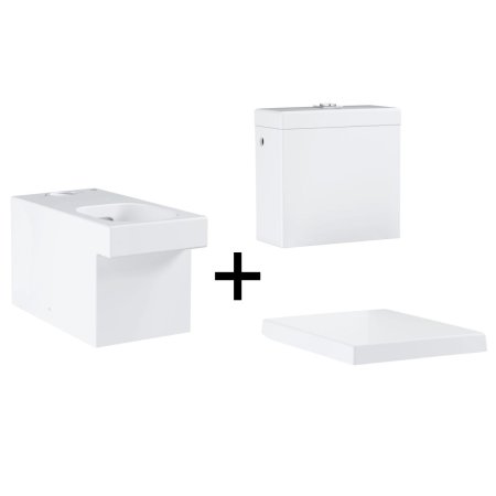 Grohe Cube Ceramic Zestaw Toaleta WC kompaktowa 69x37 cm bez kołnierza PureGuard z deską sedesową wolnoopadającą i zbiornikiem z podłączeniem z boku, biały 3948400H+39488000+39489000