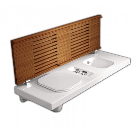 Hatria G-Full Wielofunkcyjna ławka wisząca z toaletą WC i bidetem 141,5x50 cm lewa, biała/drewno iroko YXD1