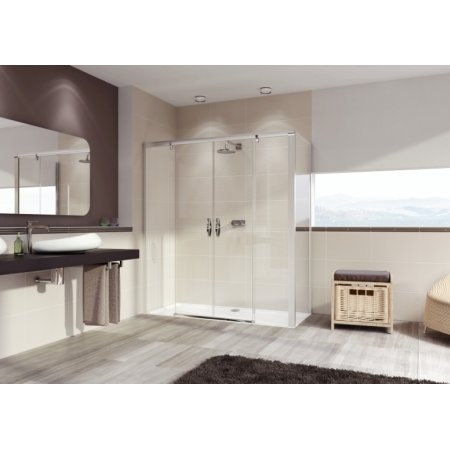 Huppe Aura Elegance 4-kąt Ścianka boczna do drzwi suwanych 1-częściowych ze stałym segmentem SW 75x200 cm profile srebrne matowe szkło sand plus Anti-Plaque 401605.087.316