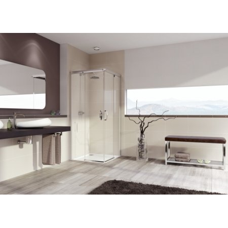 Huppe Aura Elegance 4-kąt Wejście narożnikowe drzwi suwane 2-częściowe 80x80x190 cm z funkcją soft open/soft close profile srebrne matowe szkło privatima 401301.087.373.730