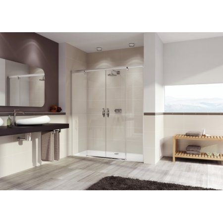 Huppe Aura Elegance 4-kąt Drzwi suwane 2-częściowe ze stałymi segmentami o wysokości 120-200 cm wnękowe wykonanie na wymiar profile srebrne matowe szkło sand plus Anti-Plaque 402180.087.316