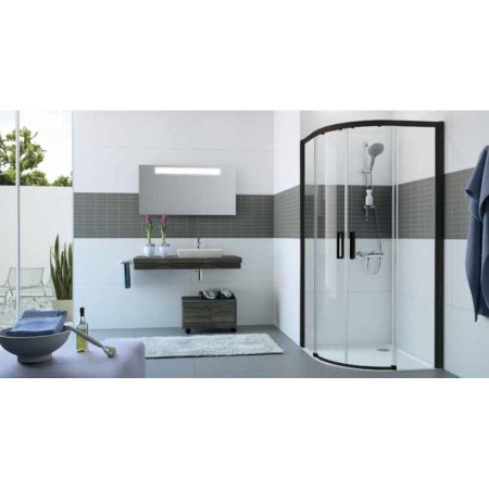 Huppe Classics 2 EasyEntry 1/4 koła Drzwi suwane do kabiny prysznicowej półokrągłej 110x110x200 cm profile czarne Black Edition szkło privatima C25504123373