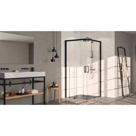 Huppe Classics 2 EasyEntry 4-kąt Wejście narożnikowe drzwi suwane 2-częściowe (1/2) 120x200 cm mocowanie lewe profile czarne Black Edition szkło przezroczyste Anti-Plaque C25105123322