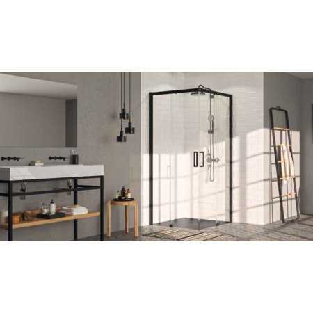 Huppe Classics 2 EasyEntry 4-kąt Wejście narożnikowe drzwi suwane 2-częściowe 120x120x200 cm profile czarne Black Edition szkło privatima Anti-Plaque C25005123375
