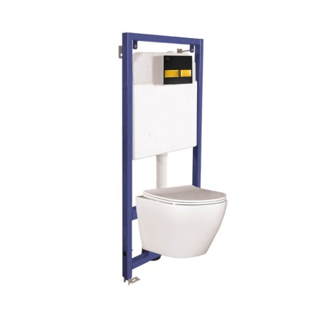 Laveo Akan / Desna Zestaw Toaleta WC bez kołnierza biała + stelaż  + przycisk czarny/złoty VMDB600S