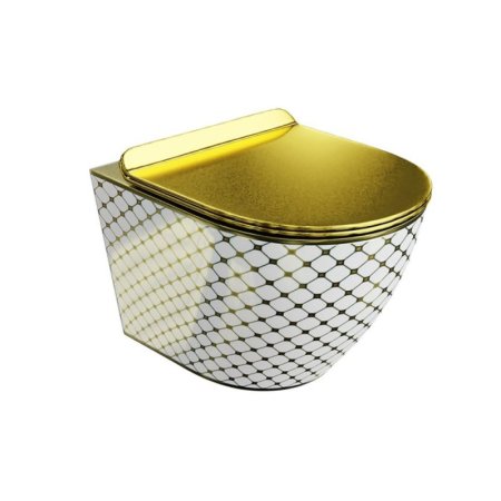 Lavita Sofi Slim Checked Gold Zestaw Toaleta WC bez kołnierza 49x36,5 cm + deska wolnoopadająca złoty/biały połysk 5900378326519