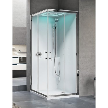 Novellini Eon A90 Kabina prysznicowa narożna kwadratowa 80x80x221 cm drzwi przesuwne, z dachem, deszczownicą, białe LED, szkło przezroczyste, profile chrom połysk EONA99TT-1AK