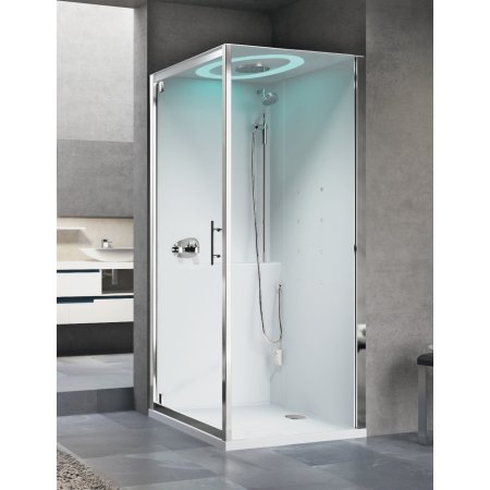 Novellini Eon GF90 Kabina masażowo-parowa narożna kwadratowa 90x90x229,5 cm drzwi przesuwne, z sauną, z dachem, deszczownicą, białe LED, szkło przezroczyste, profile chrom mat EONGF90M1N-1UK