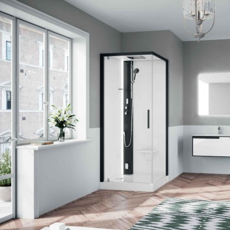 Novellini Glax Black 1 2.0 G+F Kabina prysznicowa 90x90x210 cm wersja lewa profile czarne szkło przezroczyste G21GF90SM-1HH
