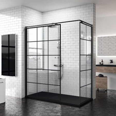 Novellini Kuadra H Squares Kabina prysznicowa walk-in 157-160x200 cm szkło przezroczyste kwadraty, profile czarne matowe KUADH160-81H