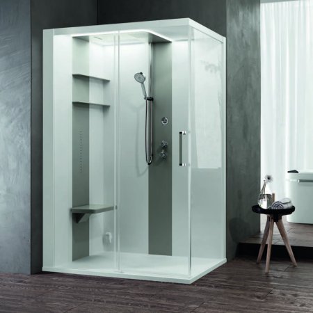 Novellini Skill 2P Kabina prysznicowa 120x80 cm lewa z hydromasażem, z sauną, z deszczownicą, z baterią manualną, szkło przezroczyste, wykończenie biały połysk/perłowy szary SKI2P140SM5-1AN3