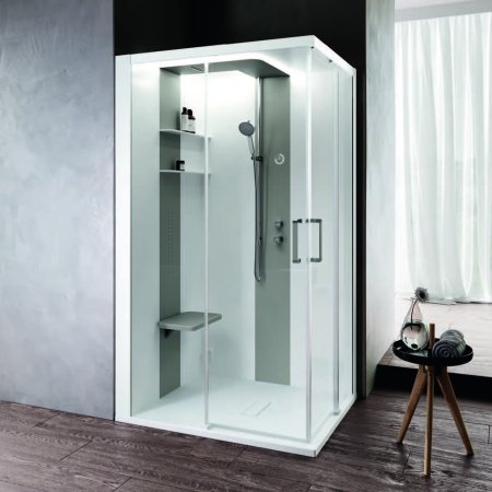 Novellini Skill A Kabina prysznicowa narożna 100x80 cm z hydromasażem, z sauną, z baterią termostatyczną, szkło przezroczyste, wykończenie biały połysk/perłowy szary SKIA100DT5-1AN3