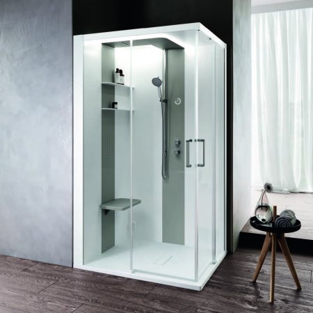 Novellini Skill A Kabina prysznicowa narożna 120x90 cm prawa z hydromasażem z dachem światłem z baterią mechaniczną szkło przezroczyste wykończenie biały połysk/perłowy szary SKIA299DM1F-1AN3