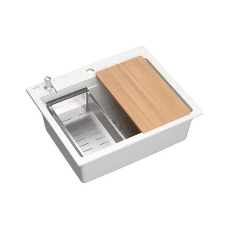 Quadron Kurt 110 Zestaw zlewozmywak granitowy jednokomorowy 59,5x50 cm biały/stal szczotkowana + syfon + dozownik + wkładka ociekowa + deska + Qmata HCQK5052BIK