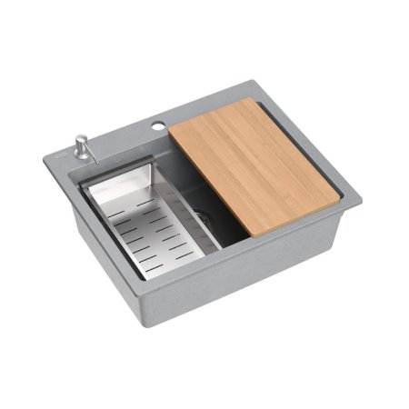 Quadron Kurt 110 Zestaw zlewozmywak granitowy jednokomorowy 59,5x50 cm szary/stal szczotkowana + syfon + dozownik + wkładka ociekowa + deska + Qmata HCQK5052SZK