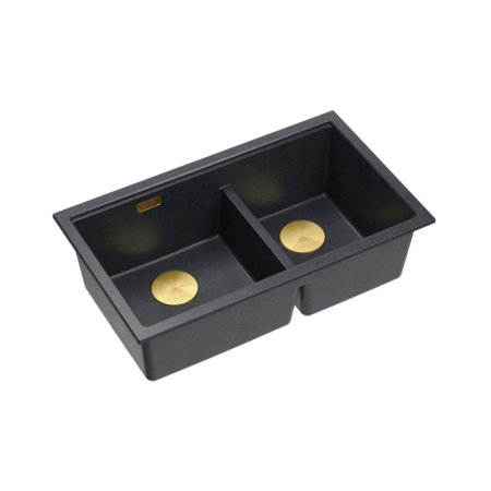 Quadron Logan 120 Zlewozmywak granitowy dwukomorowy podwieszany 76x45 cm czarny black diamond/złoty PVD HQL7645U8_PVDG1_U