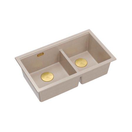 Quadron Logan 120 Zlewozmywak granitowy dwukomorowy podwieszany 76x45 cm beżowy pearl beige/złoty PVD HQL7645U2_PVDG1_U