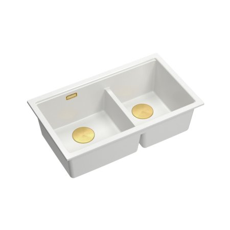 Quadron Logan 120 Zlewozmywak granitowy dwukomorowy podwieszany 76x45 cm biały snow white/złoty PVD HQL7645U1_PVDG1_U