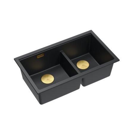 Quadron Logan 120 Zlewozmywak granitowy dwukomorowy podwieszany 76x45 cm czarny mat pure carbon/złoty PVD HQL7645U7_PVDG1_U