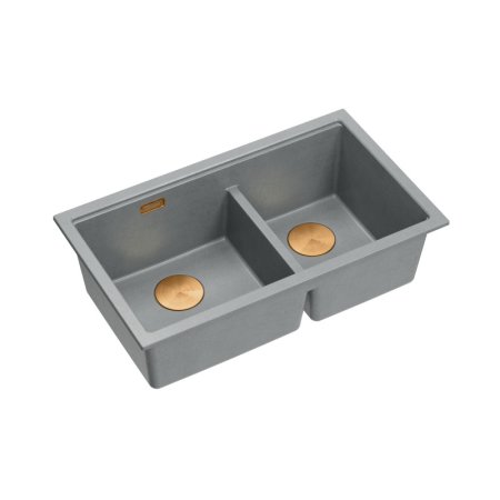 Quadron Logan 120 Zlewozmywak granitowy dwukomorowy podwieszany 76x45 cm szary silver stone/miedziany PVD HQL7645U5_PVDC1_U