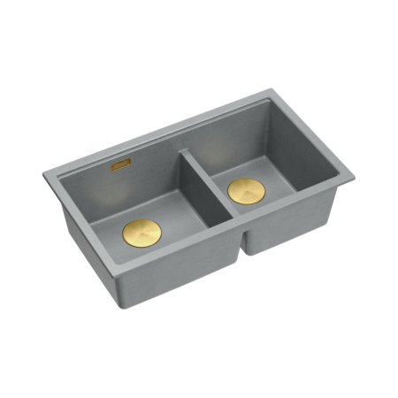 Quadron Logan 120 Zlewozmywak granitowy dwukomorowy podwieszany 76x45 cm szary silver stone/złoty PVD HQL7645U5_PVDG1_U