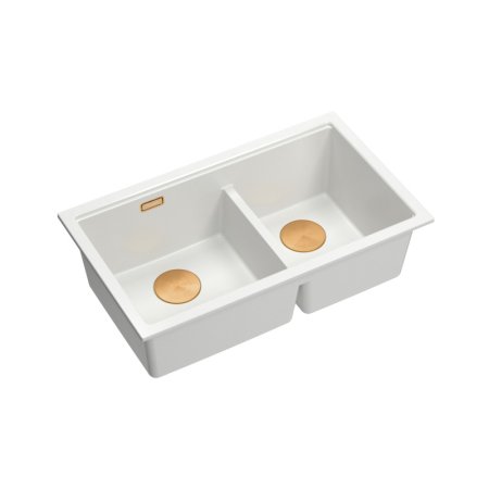 Quadron Logan 120 Zlewozmywak granitowy dwukomorowy podwieszany 76x45 cm biały snow white/miedziany PVD HQL7645U1_PVDC1_U